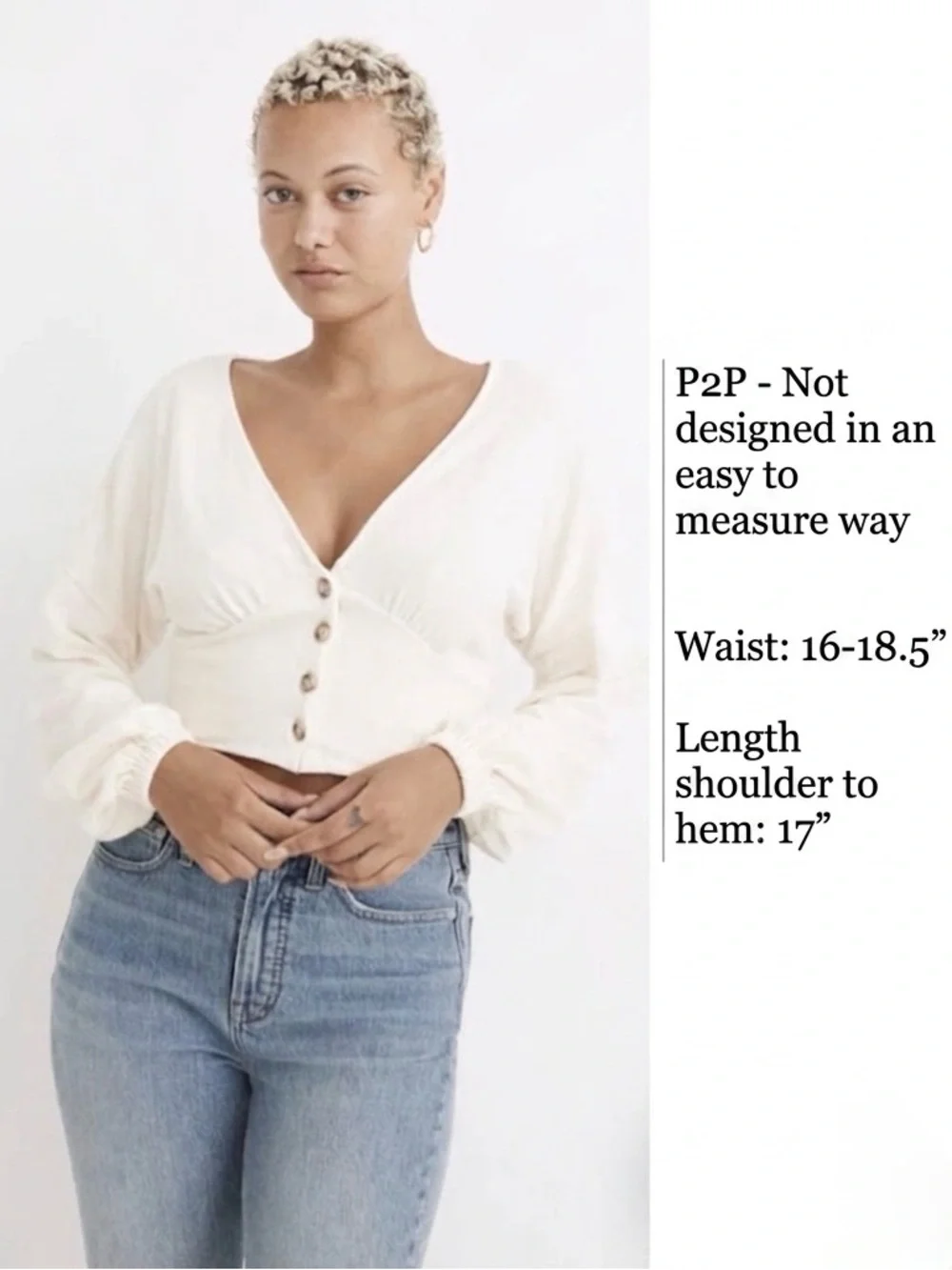 Madewell Cream Button-Front Balloon Sleeve Crop Top - Large - Picture 10 of 10